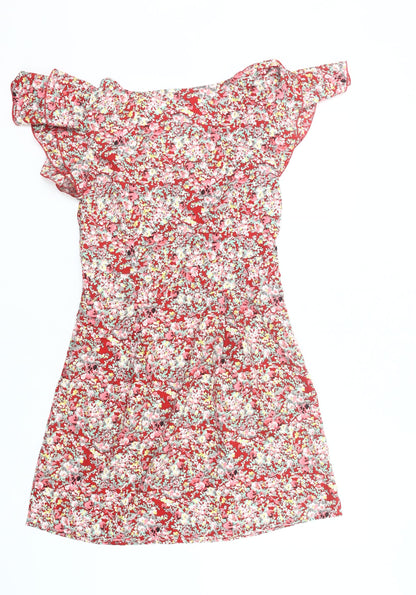 Vila Women Red Floral A-Line Short Dress Size S Summer Casual