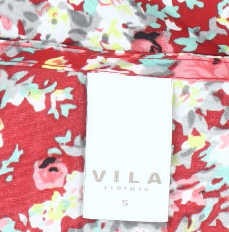 Vila Women Red Floral A-Line Short Dress Size S Summer Casual
