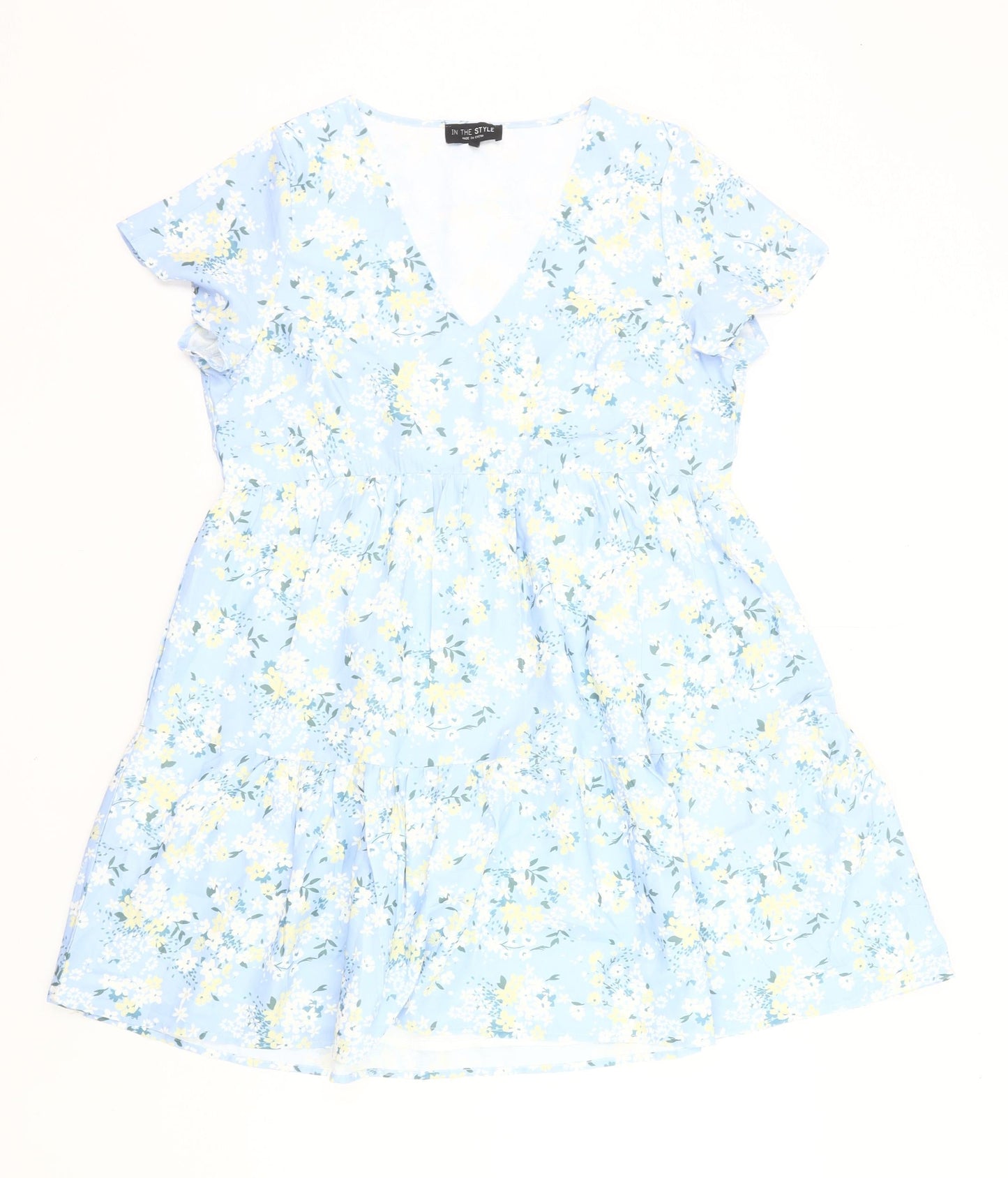 In The Style Women’s Blue Floral Skater Dress Size 12 V-Neck