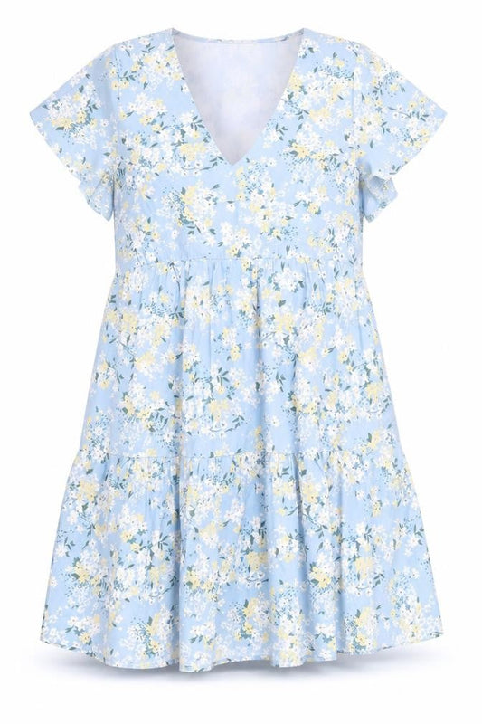 Front view of In The Style Women’s Blue Floral Skater Dress, size UK 12, V-Neck