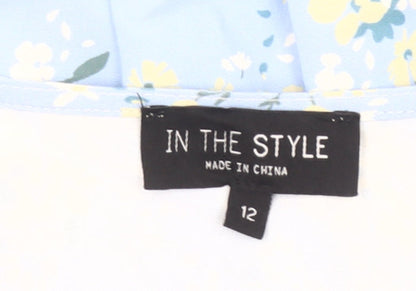 In The Style Women’s Blue Floral Skater Dress Size 12 V-Neck