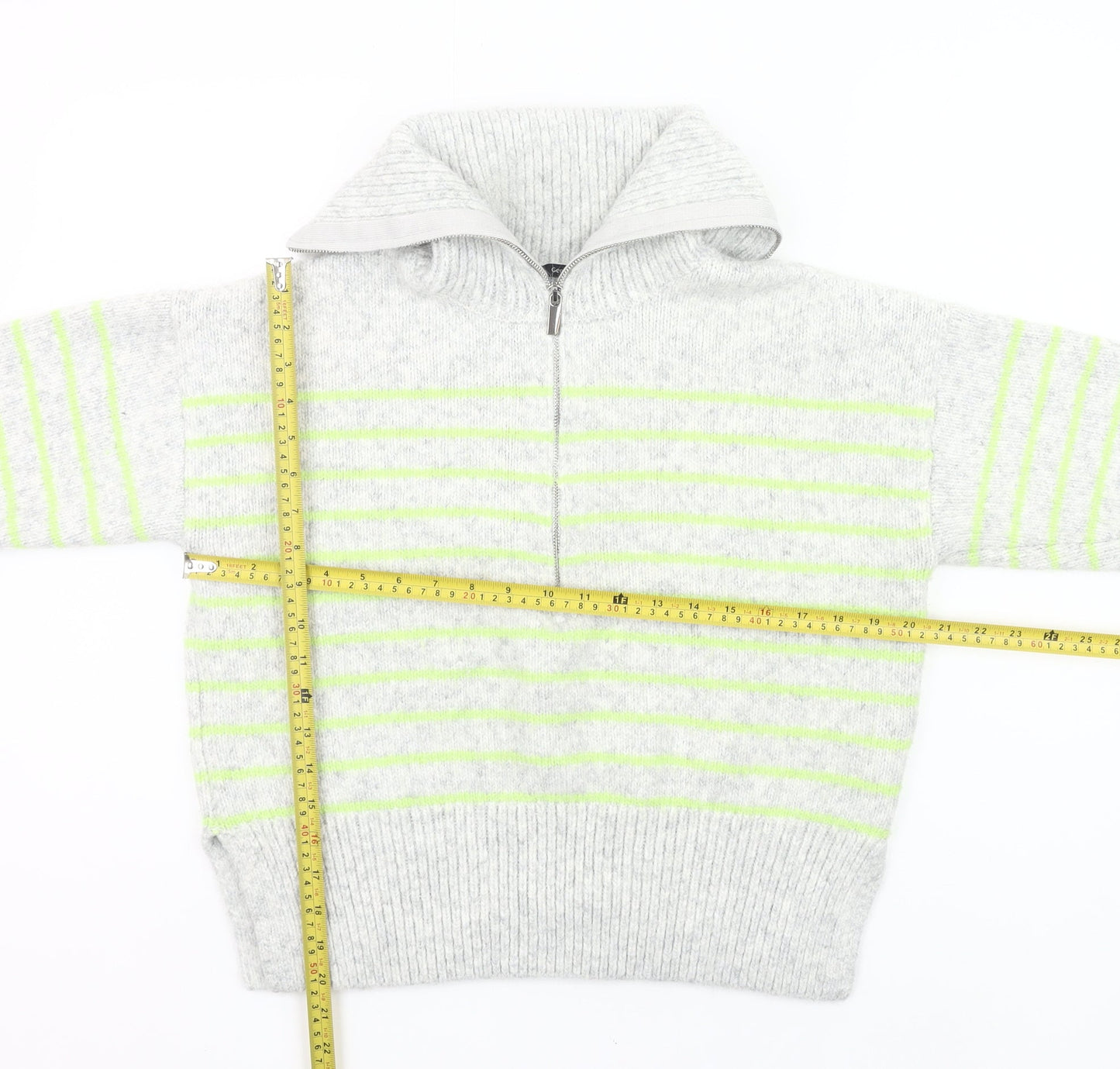 George Women Grey Striped Chunky Knit Half Zip Jumper Size 8-10