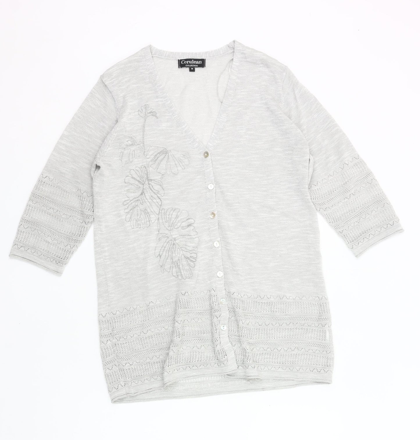 Cerulean Womens Grey Cardigan M 3/4 Sleeve V-Neck Embroidered Knit