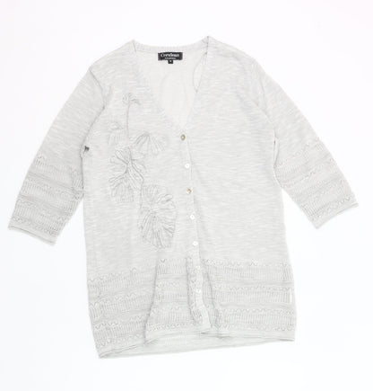 Cerulean Womens Grey Cardigan M 3/4 Sleeve V-Neck Embroidered Knit