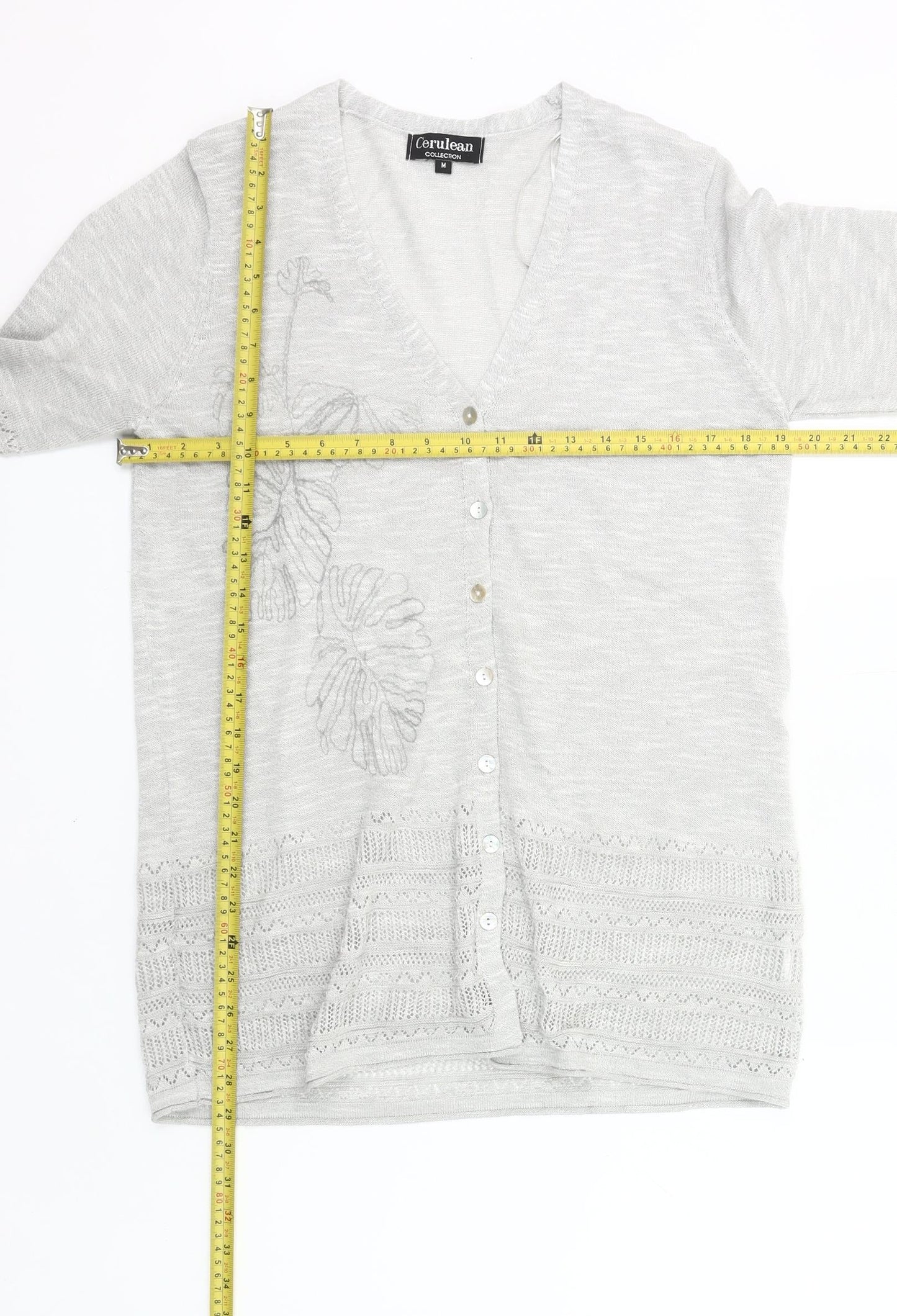 Cerulean Womens Grey Cardigan M 3/4 Sleeve V-Neck Embroidered Knit