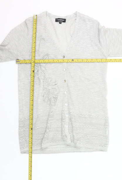 Cerulean Womens Grey Cardigan M 3/4 Sleeve V-Neck Embroidered Knit