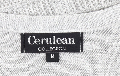 Cerulean Womens Grey Cardigan M 3/4 Sleeve V-Neck Embroidered Knit