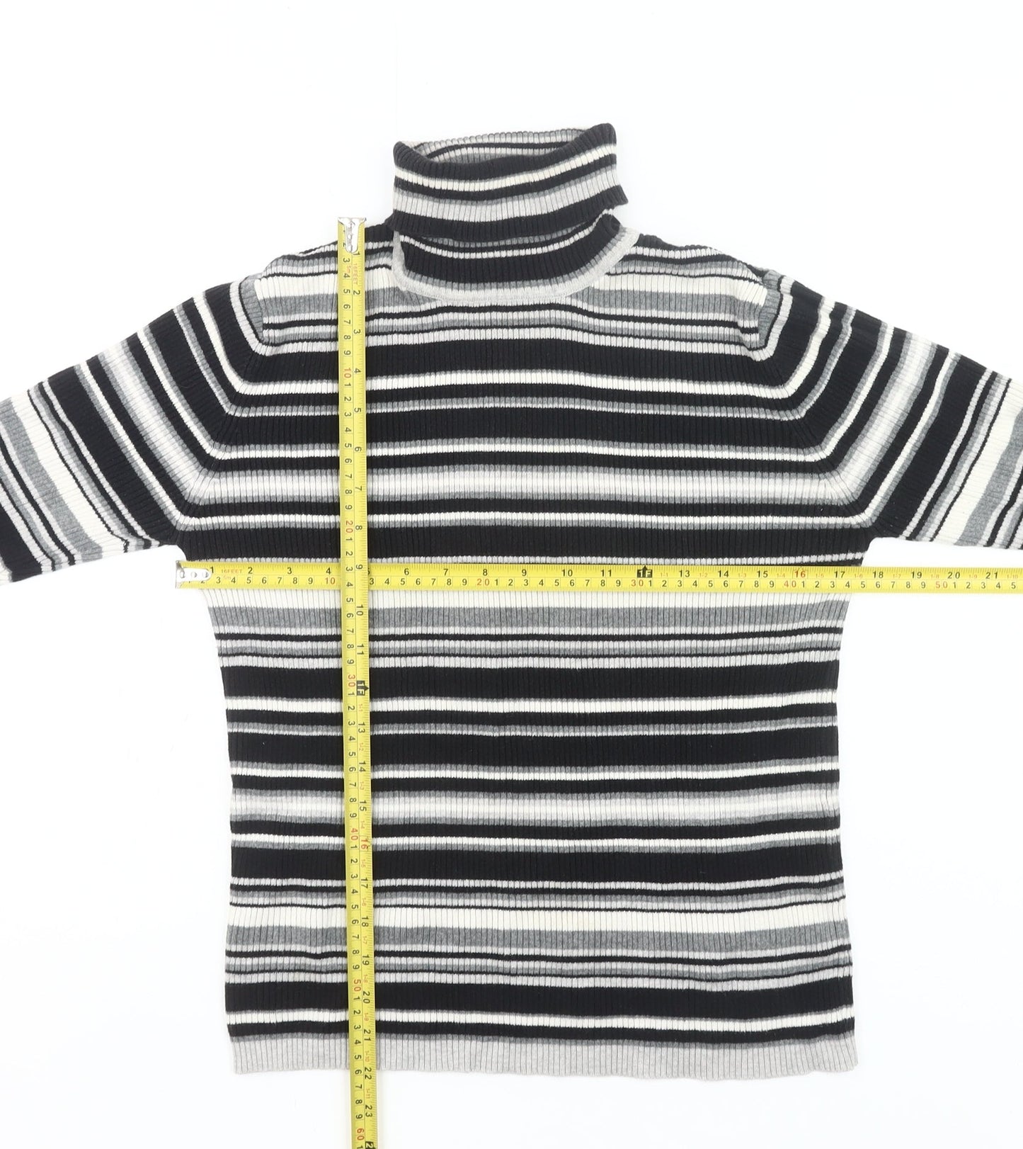 Joie de Vivre Womens Black Striped Roll Neck Cotton Jumper Size 16