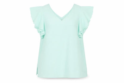 Wallis Womens Green Size 12 V-Neck Ruffle Flutter Sleeve Blouse