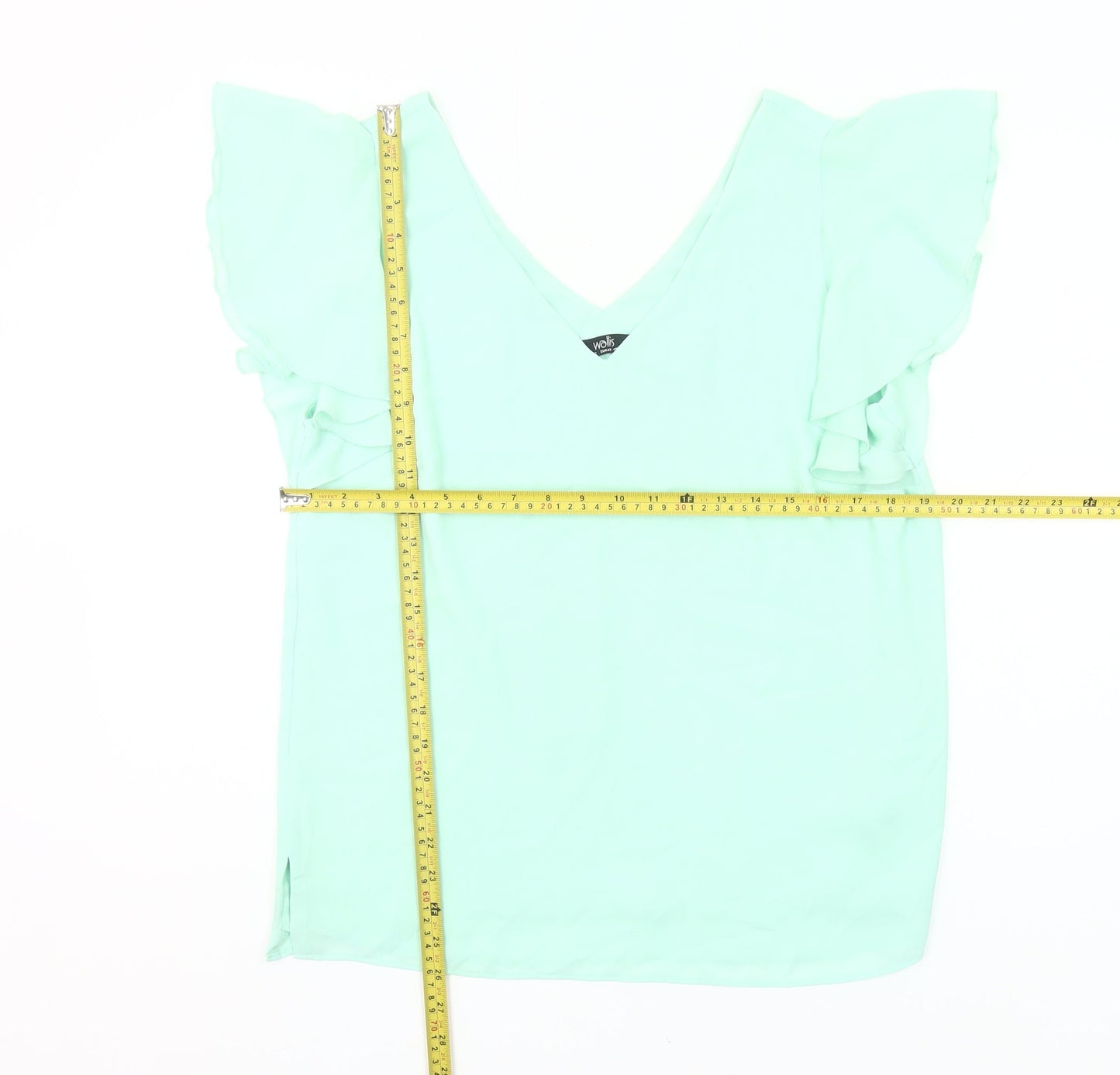 Wallis Womens Green Size 12 V-Neck Ruffle Flutter Sleeve Blouse