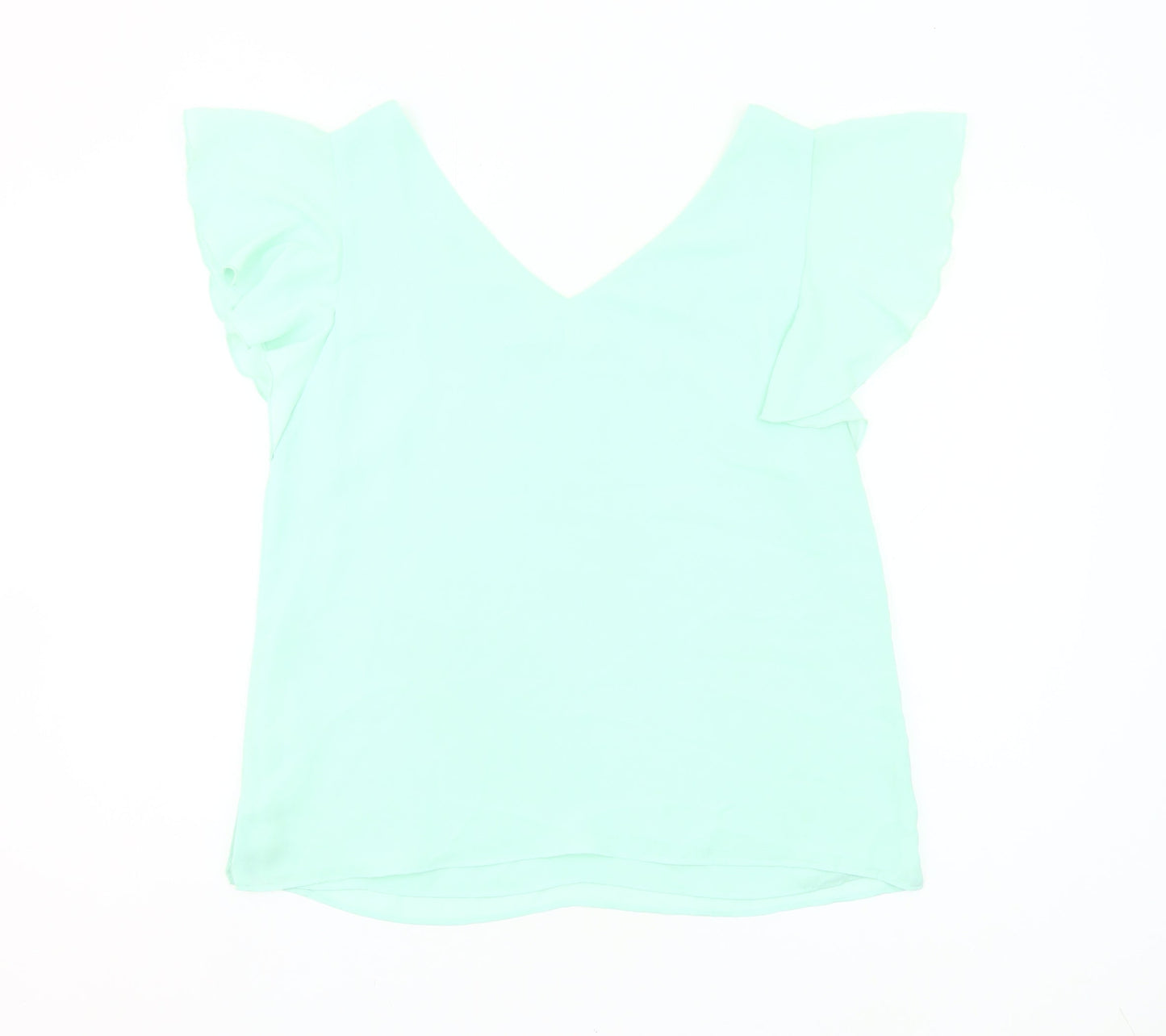 Wallis Womens Green Size 12 V-Neck Ruffle Flutter Sleeve Blouse