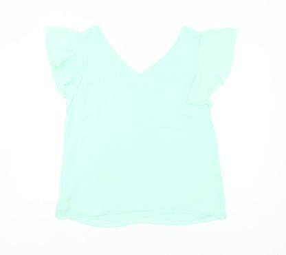 Wallis Womens Green Size 12 V-Neck Ruffle Flutter Sleeve Blouse