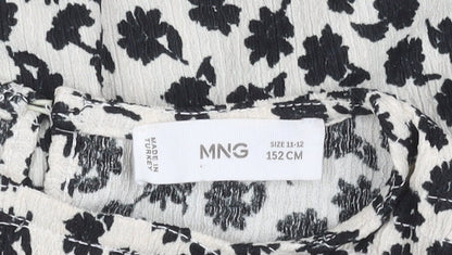 MNG Girls Black White Floral Ruffle Long Sleeve Blouse 11-12Y