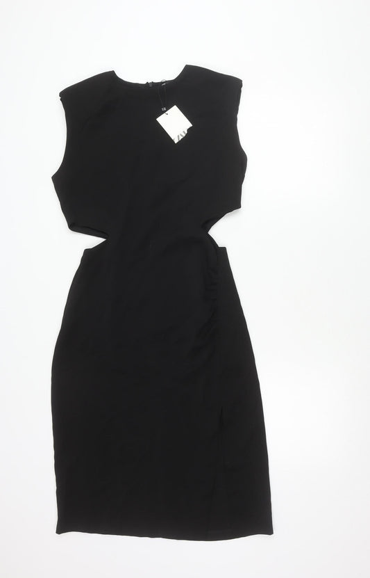 Zara Women Black Short Sleeve Sheath Knee Length Dress S