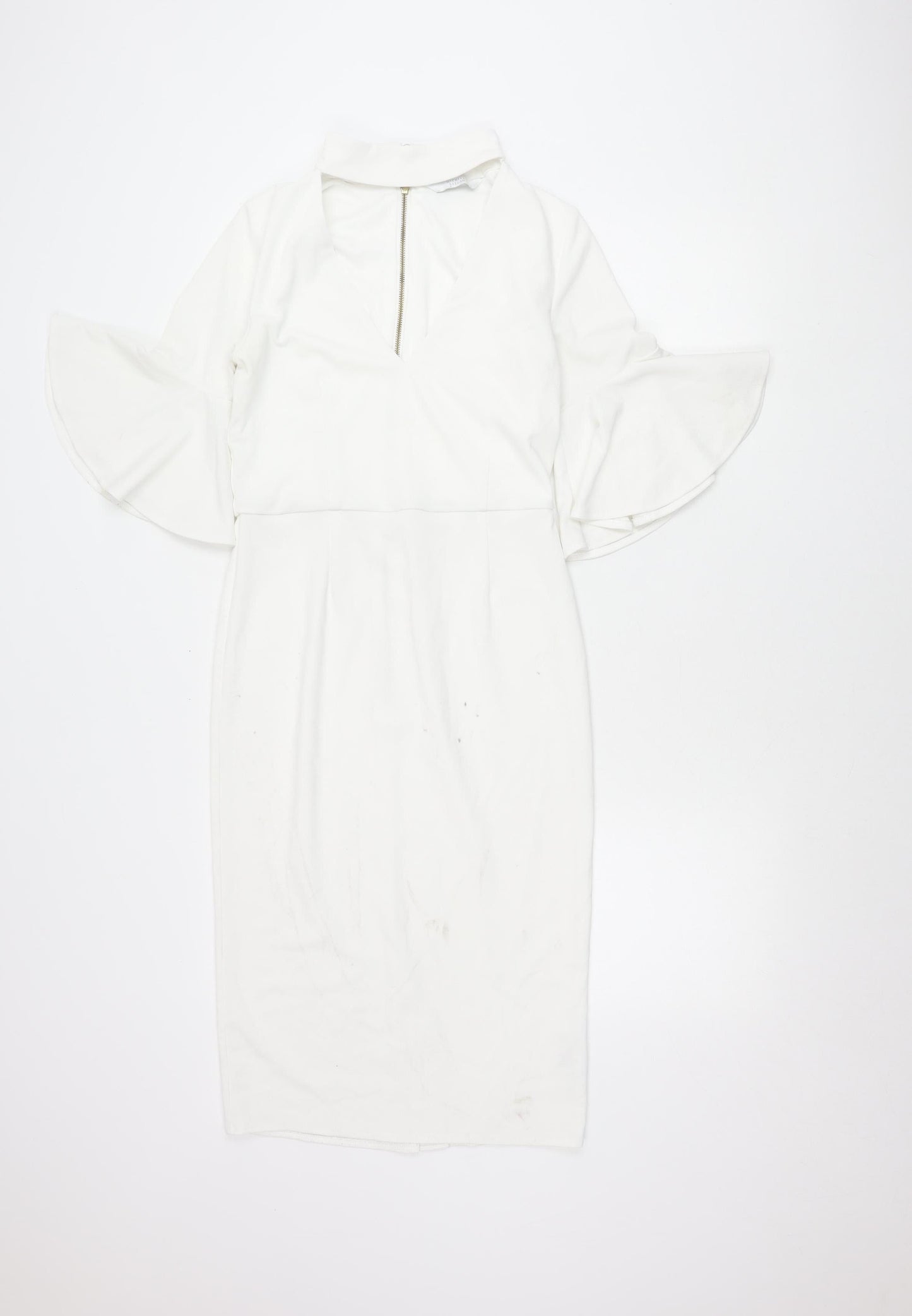 Michelle Keegan Women’s White Size 8 Sheath V-Neck Flared Sleeve Dress