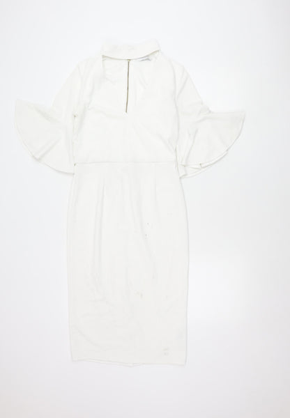 Michelle Keegan Women’s White Size 8 Sheath V-Neck Flared Sleeve Dress