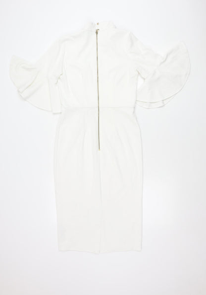 Michelle Keegan Women’s White Size 8 Sheath V-Neck Flared Sleeve Dress