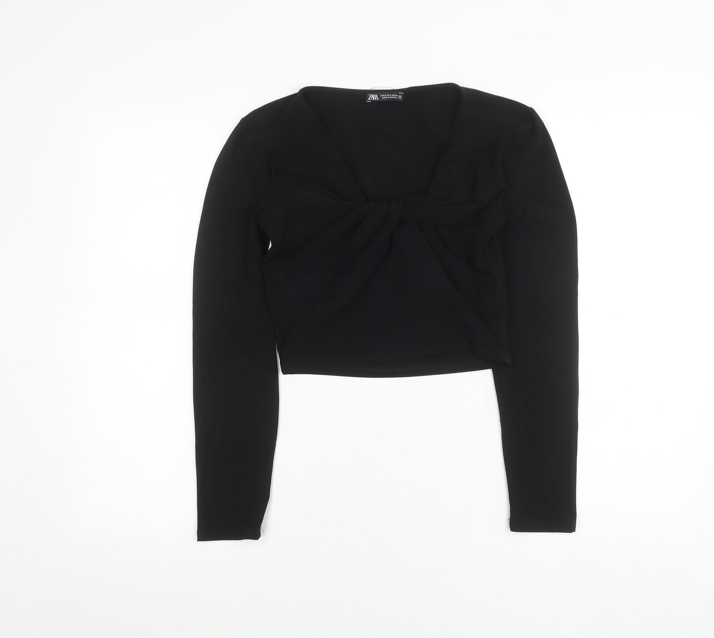 Zara Women’s Black Cropped Long Sleeve Bow Blouse Size S