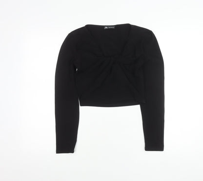 Zara Women’s Black Cropped Long Sleeve Bow Blouse Size S