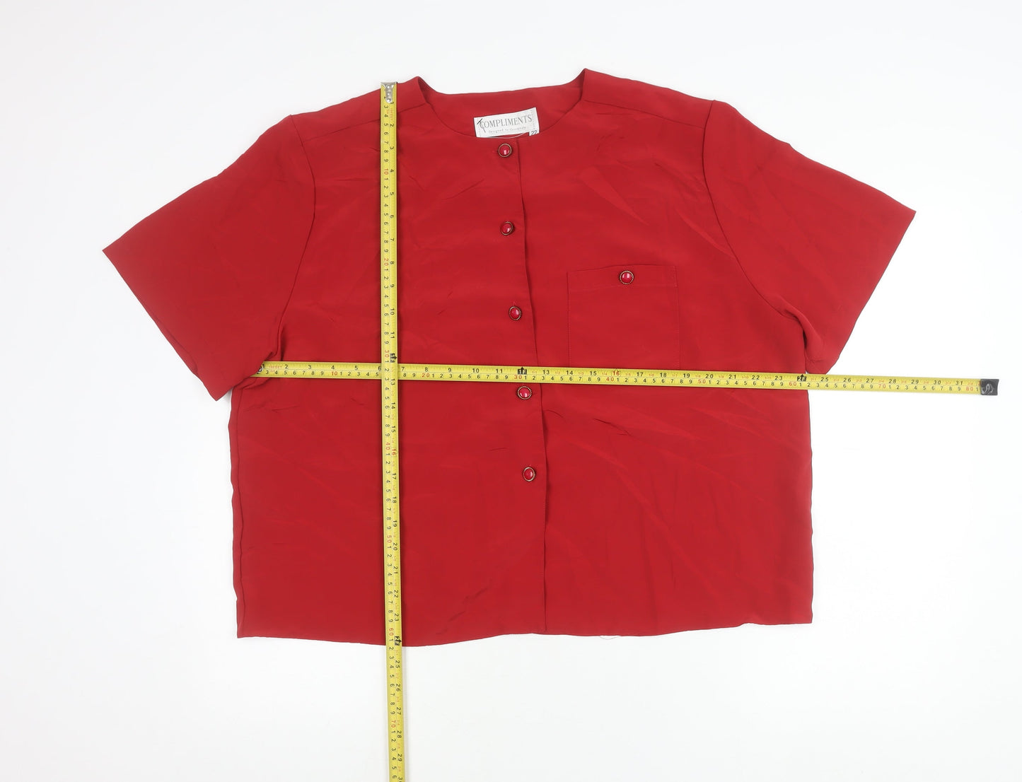 Compliments Womens Red Button-Up Short Sleeve Blouse Size 22