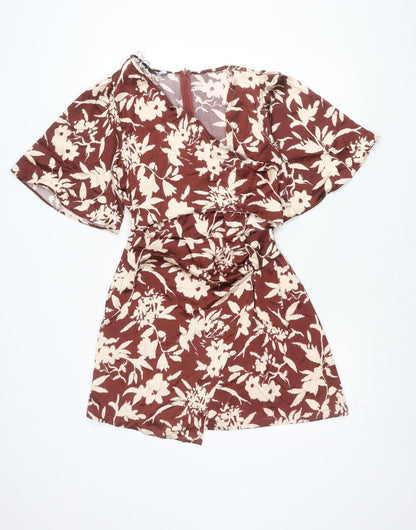 Zara Women Brown Beige Floral Bodycon Short Dress Size 12