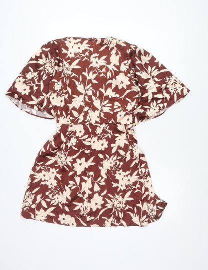 Zara Women Brown Beige Floral Bodycon Short Dress Size 12