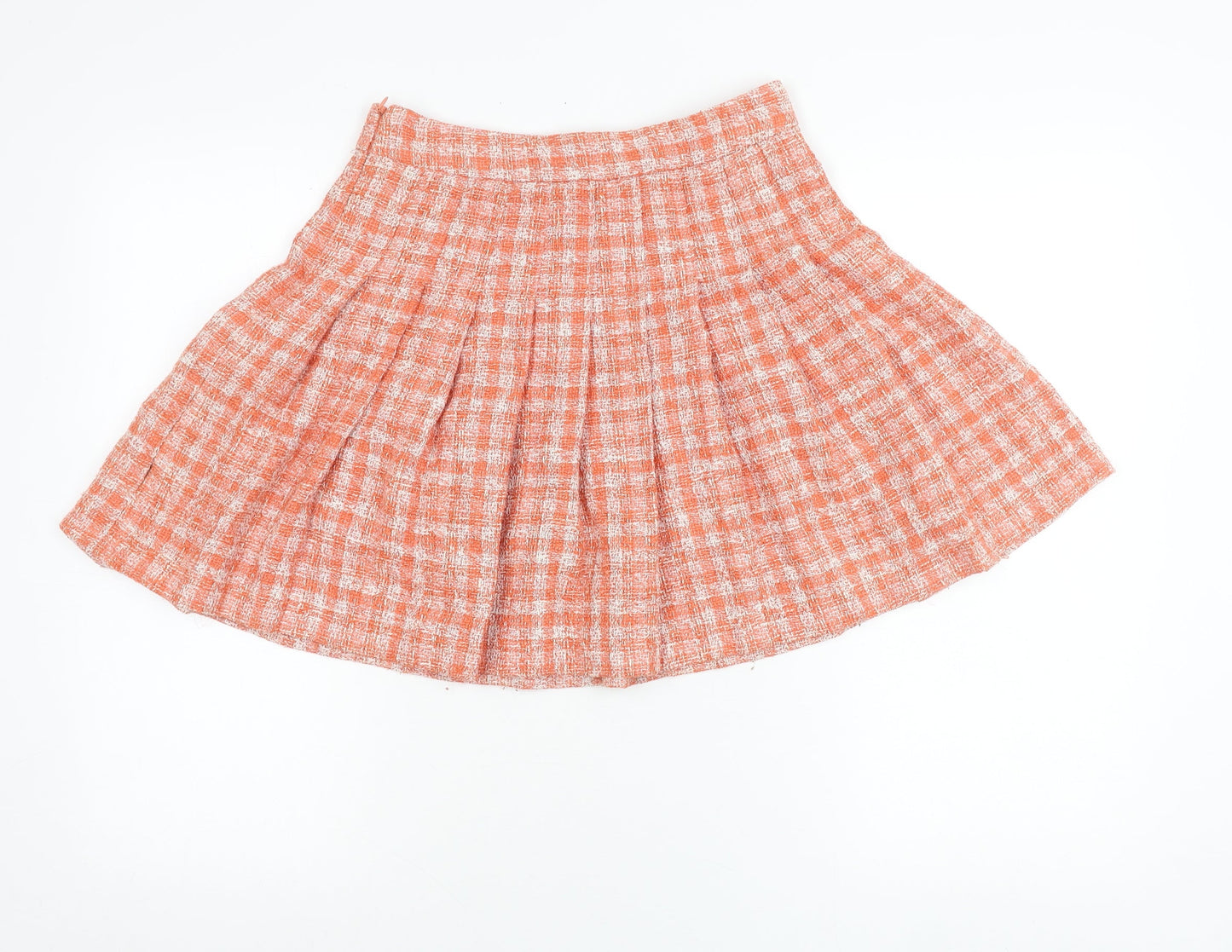Zara Women Orange XS Pleated Tweed Check Short Skirt