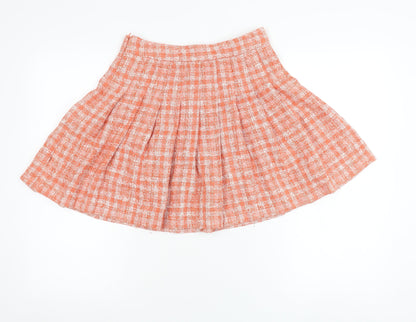 Zara Women Orange XS Pleated Tweed Check Short Skirt