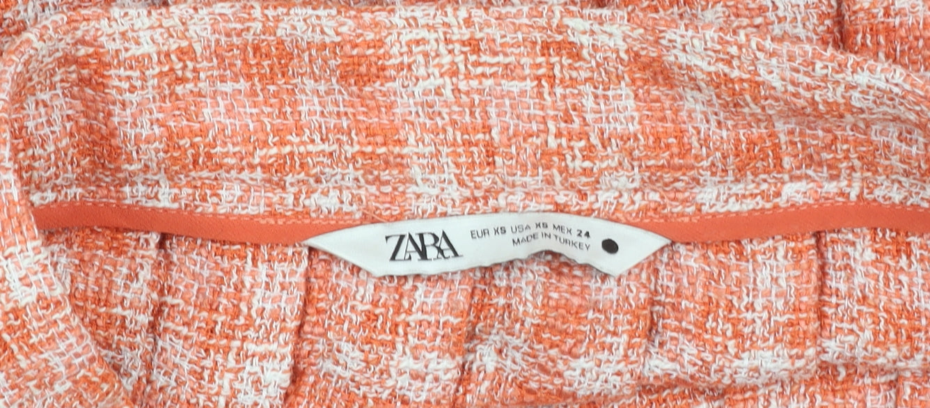 Zara Women Orange XS Pleated Tweed Check Short Skirt