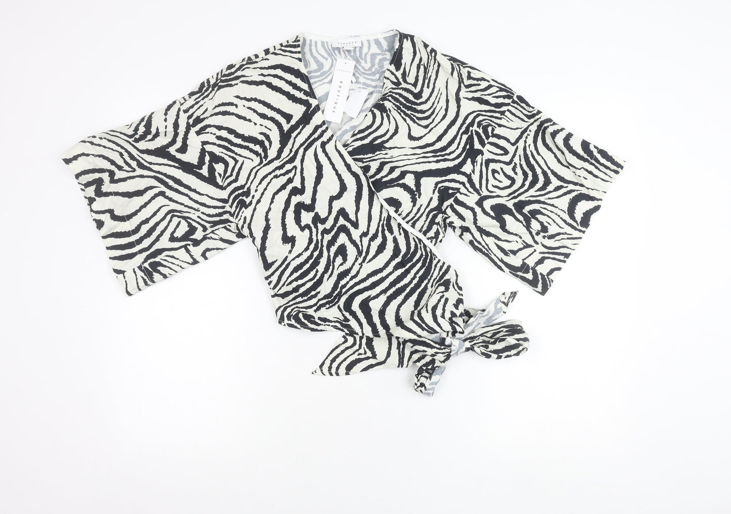 Topshop Women’s Black Animal Print Wrap Cotton Kimono Sleeve Blouse UK 10