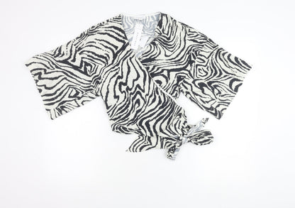 Topshop Women’s Black Animal Print Wrap Cotton Kimono Sleeve Blouse UK 10