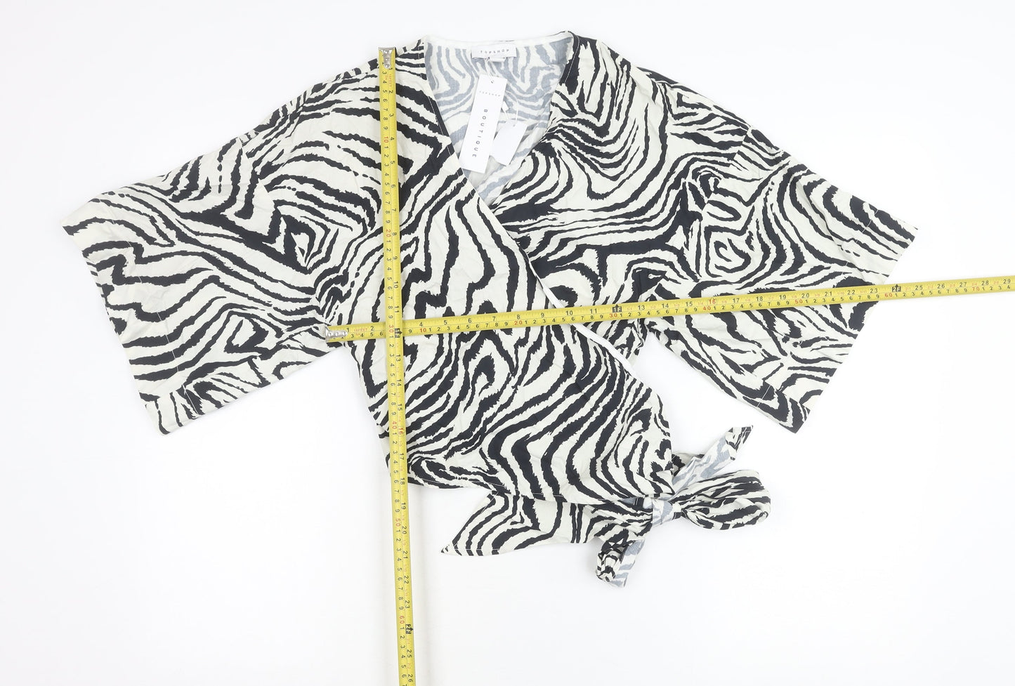 Topshop Women’s Black Animal Print Wrap Cotton Kimono Sleeve Blouse UK 10