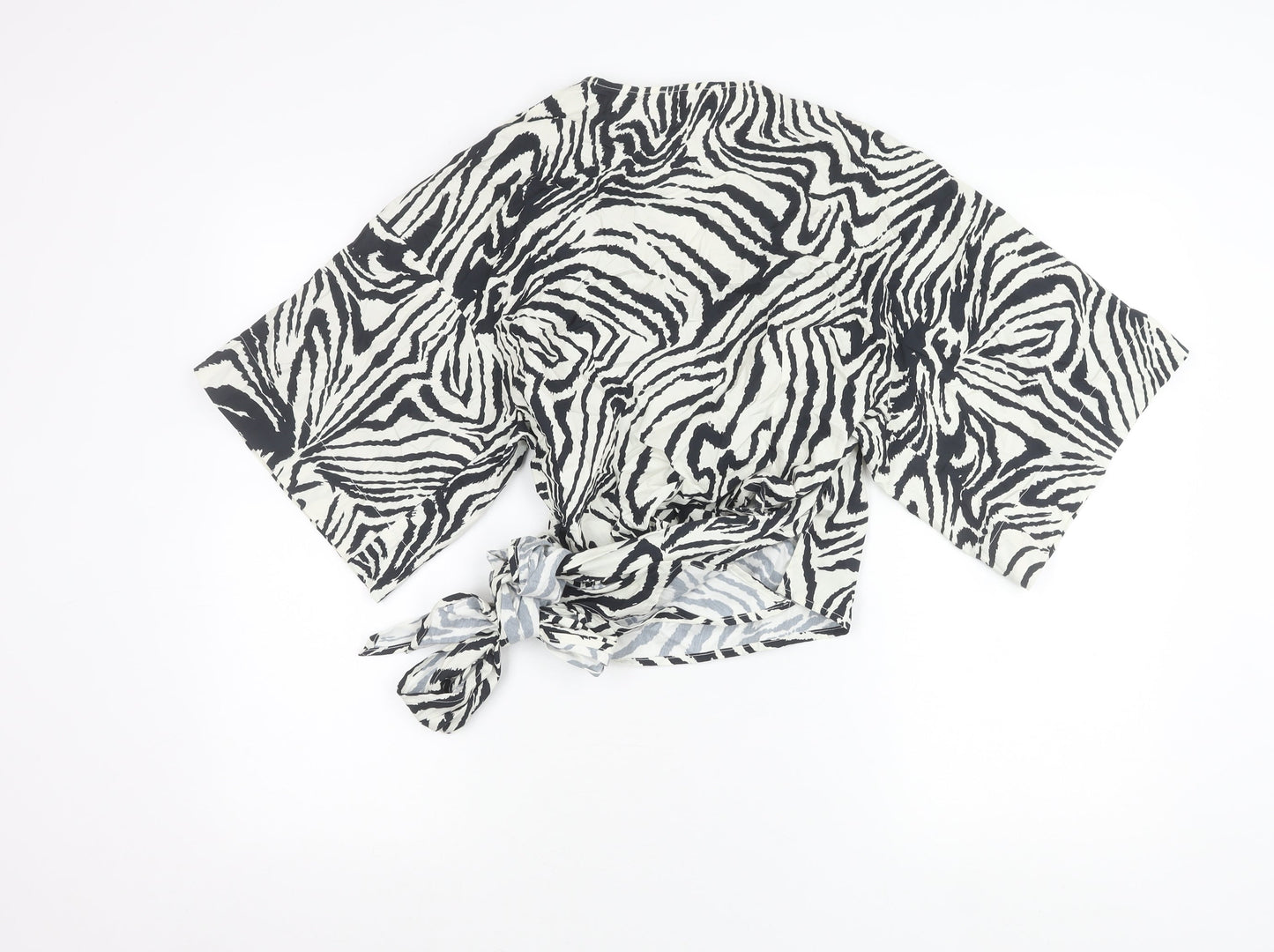 Topshop Women’s Black Animal Print Wrap Cotton Kimono Sleeve Blouse UK 10