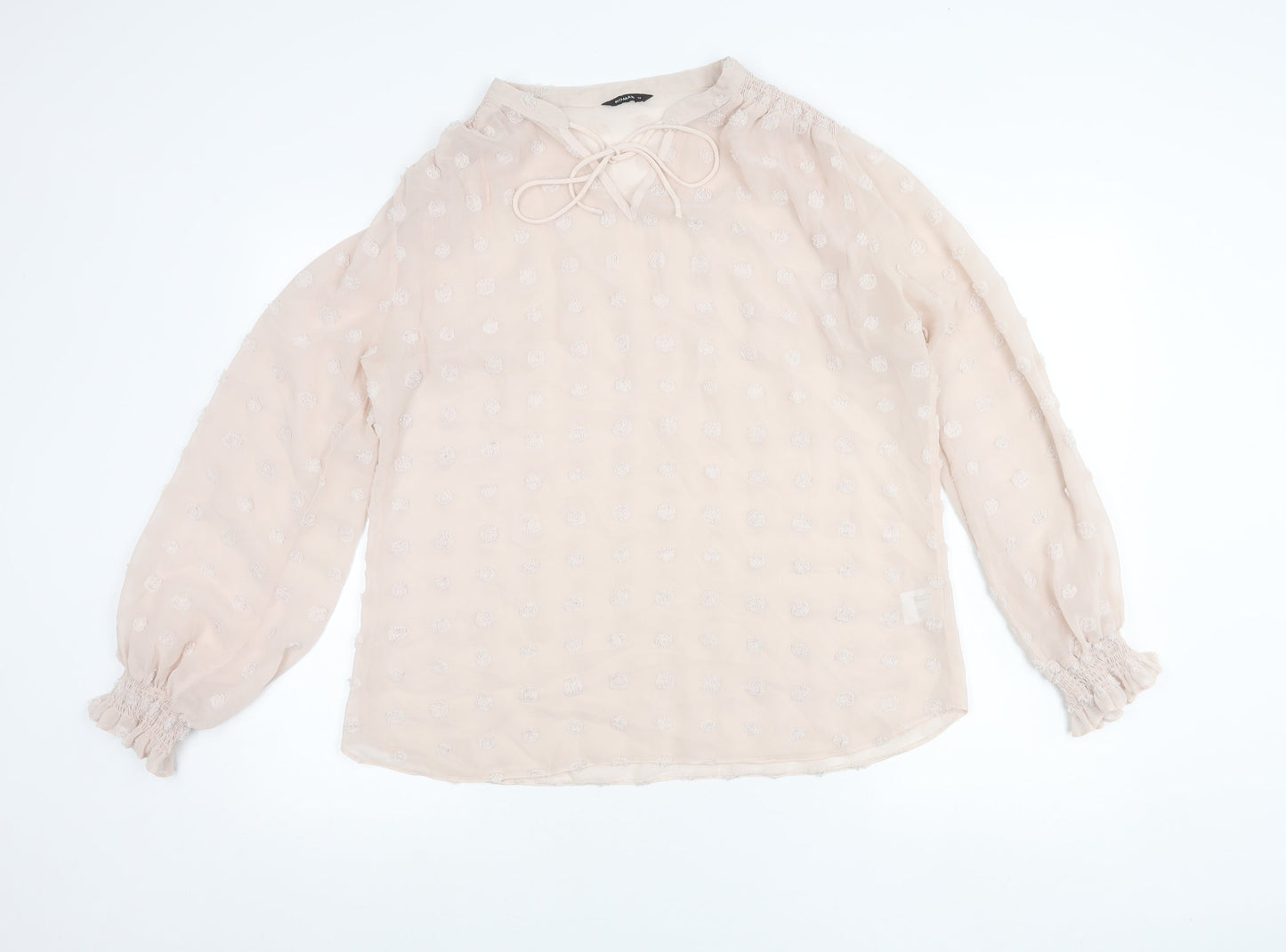 Roman Women Beige Polka Dot Tunic Blouse Size 16 Long Sleeve Sheer