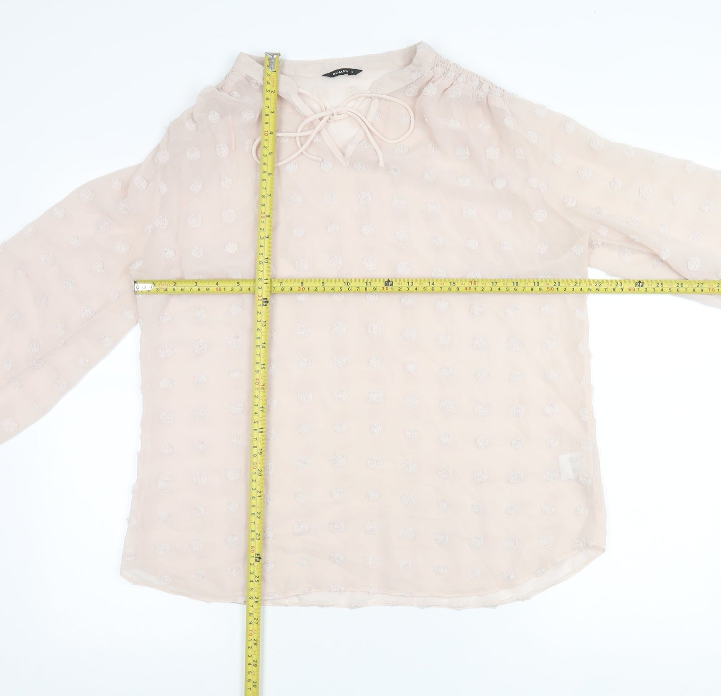 Roman Women Beige Polka Dot Tunic Blouse Size 16 Long Sleeve Sheer