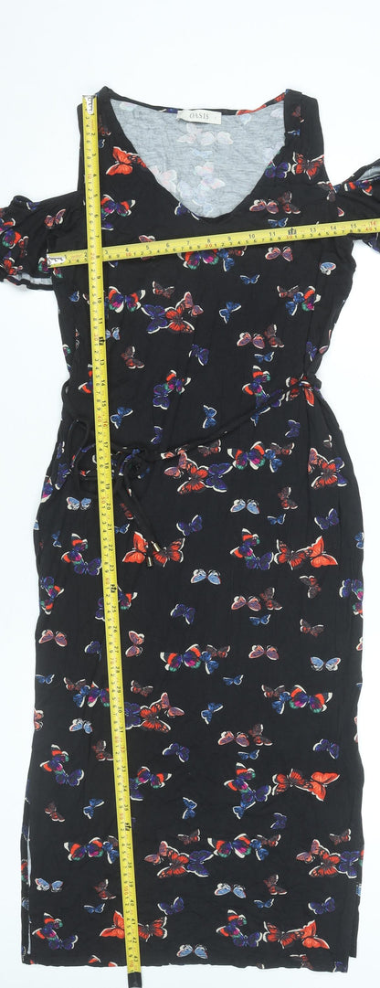 Oasis Women’s Black Butterfly Cold Shoulder Knee Length Sheath Dress Size S