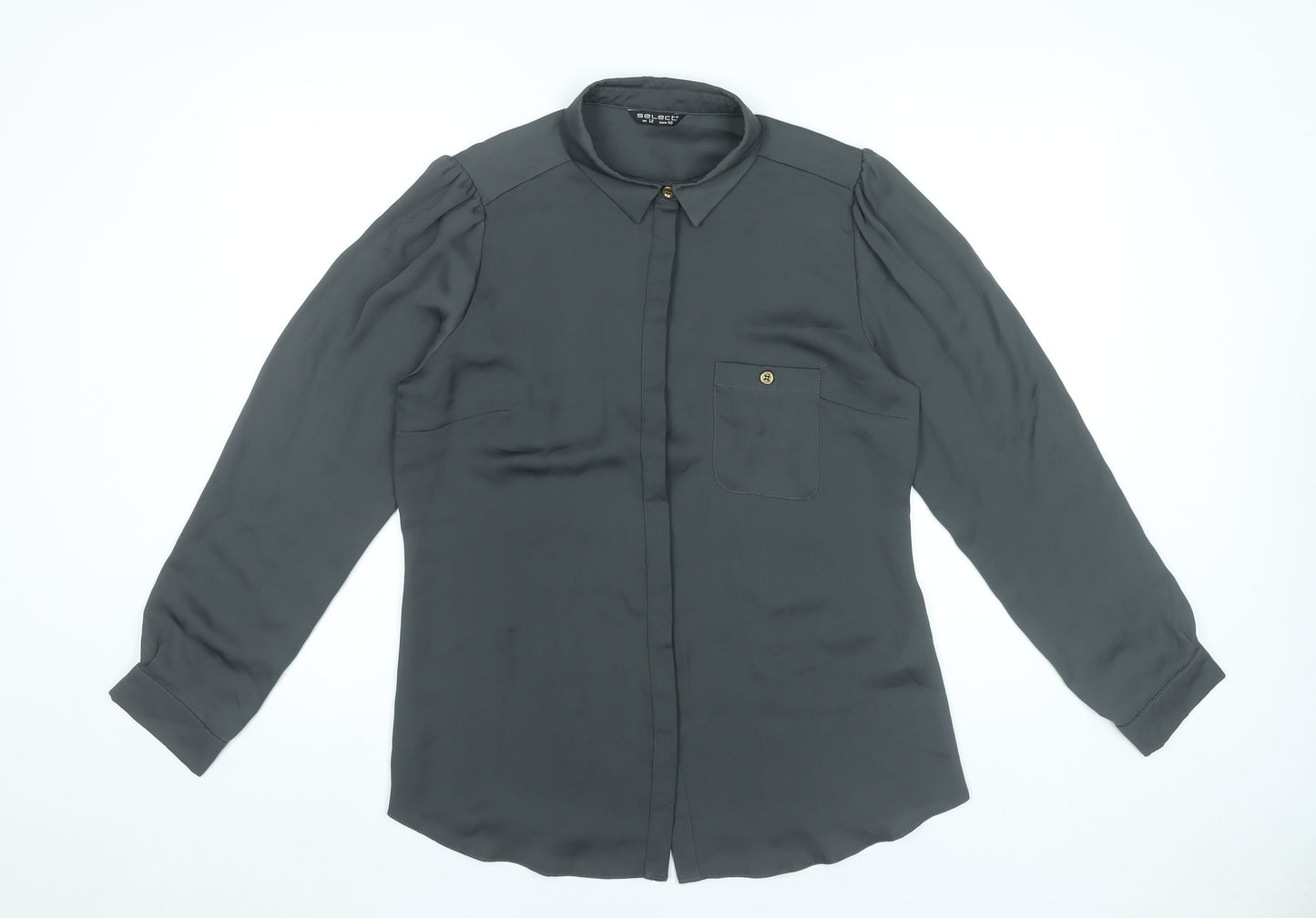 Select Womens Black Blouse UK 12 Long Sleeve Collared Button