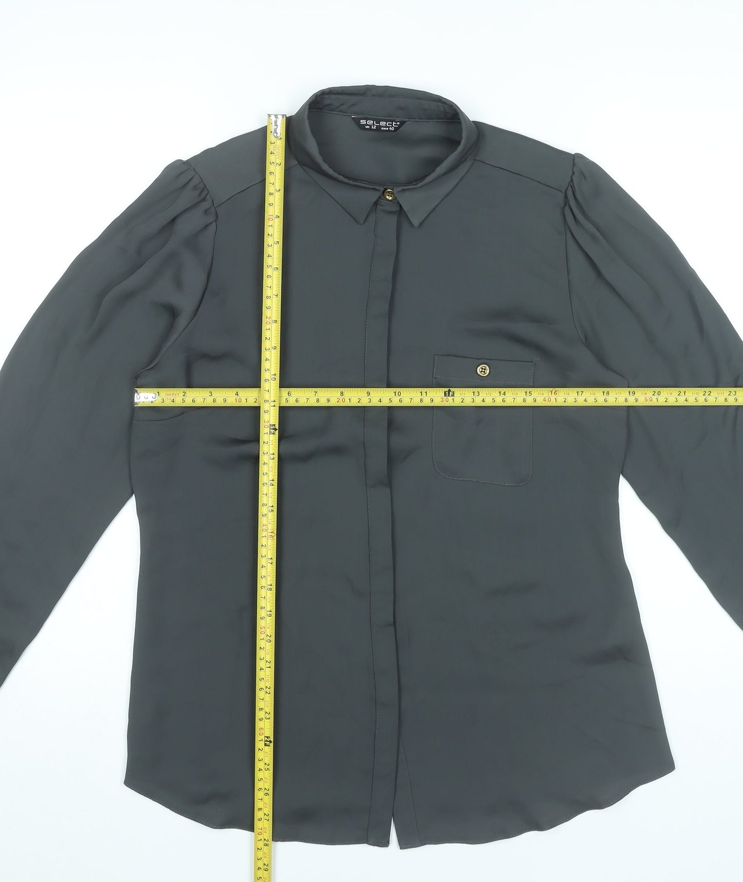 Select Womens Black Blouse UK 12 Long Sleeve Collared Button