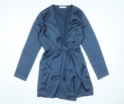 Missguided Women’s Blue Wrap Dress UK 10 Short Long Sleeve V-Neck