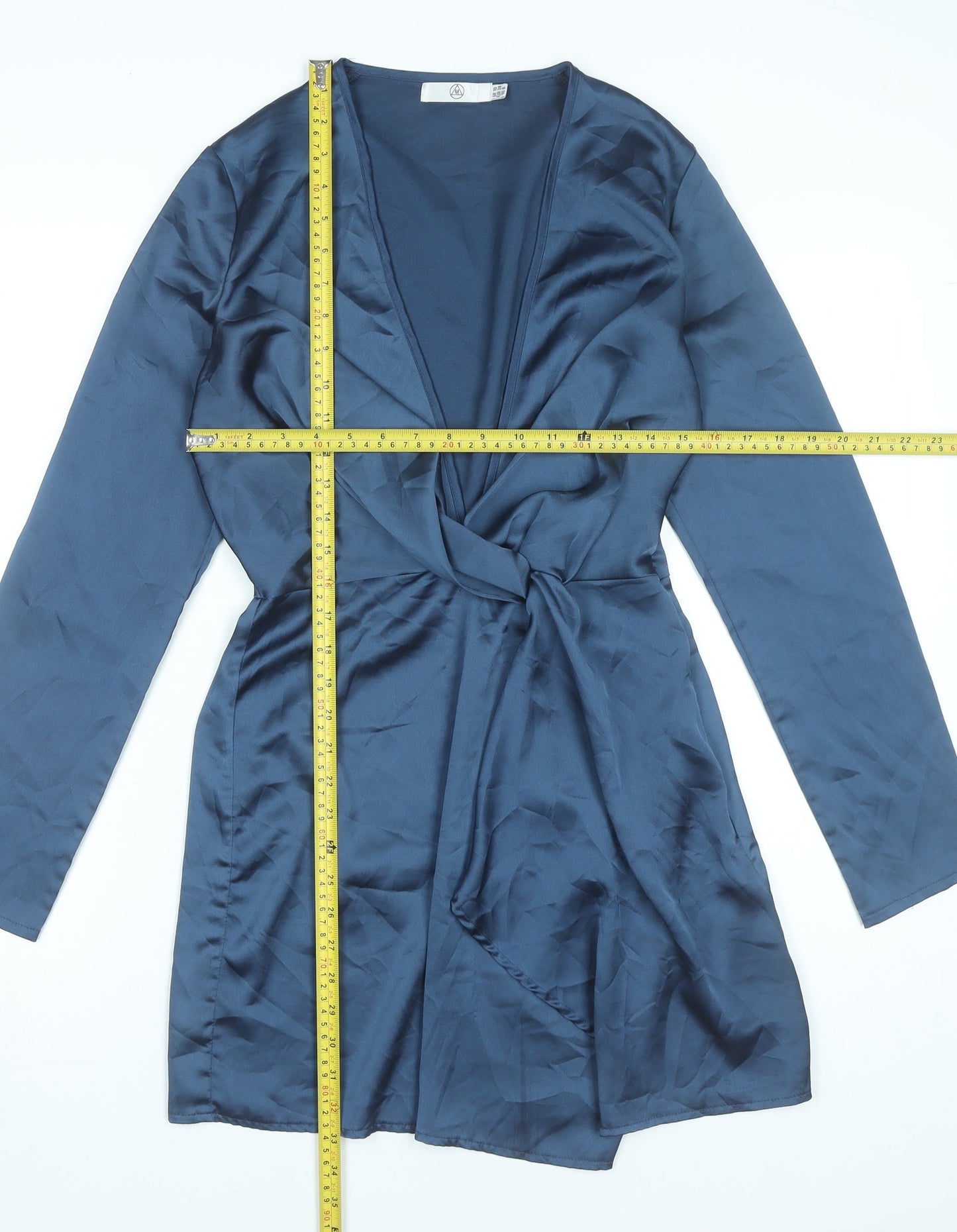 Missguided Women’s Blue Wrap Dress UK 10 Short Long Sleeve V-Neck