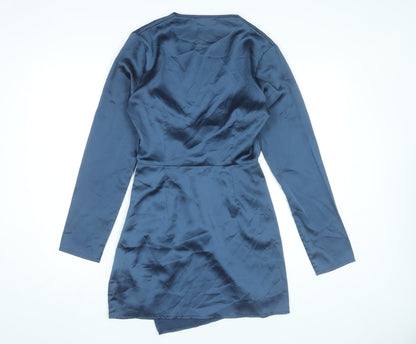 Missguided Women’s Blue Wrap Dress UK 10 Short Long Sleeve V-Neck