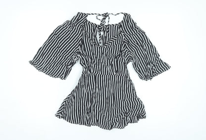 River Island Women Black Striped Tunic Blouse Size 8 Cold Shoulder