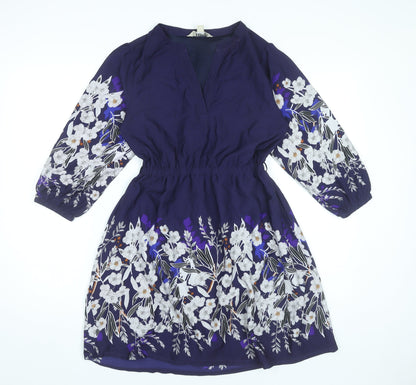Yumi Petite Womens Blue Floral Shift Dress Size 8 V-Neck 3/4 Sleeve