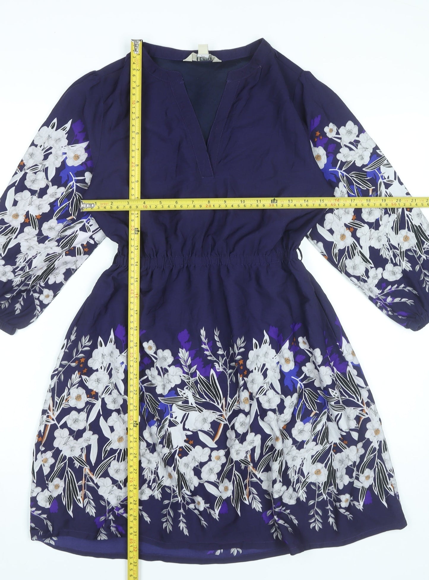 Yumi Petite Womens Blue Floral Shift Dress Size 8 V-Neck 3/4 Sleeve