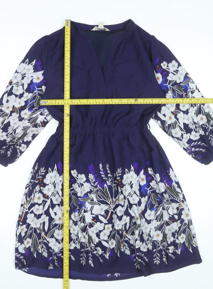 Yumi Petite Womens Blue Floral Shift Dress Size 8 V-Neck 3/4 Sleeve