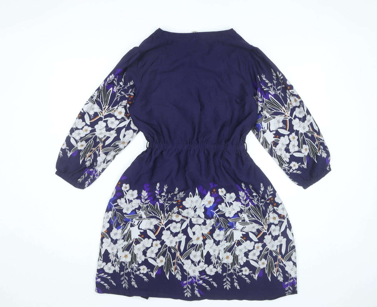 Yumi Petite Womens Blue Floral Shift Dress Size 8 V-Neck 3/4 Sleeve