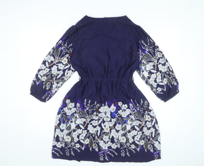 Yumi Petite Womens Blue Floral Shift Dress Size 8 V-Neck 3/4 Sleeve