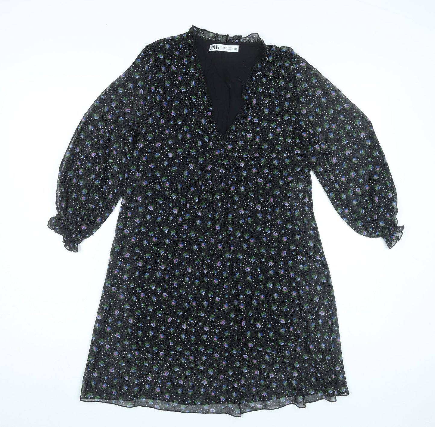 Zara Womens Black XS Floral A-Line Knee Length V-Neck Dress