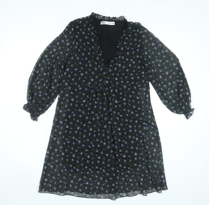 Zara Womens Black XS Floral A-Line Knee Length V-Neck Dress