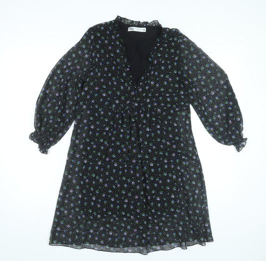 Zara Womens Black XS Floral A-Line Knee Length V-Neck Dress